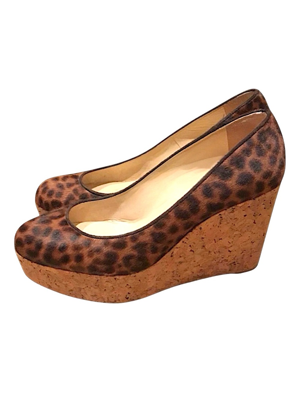 Christian Louboutin leopard-print calf hair wedge pumps with cork platform heels